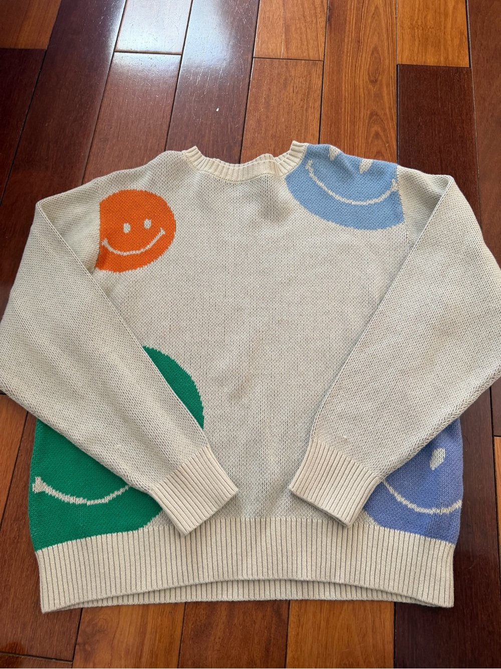 PacSun Cream Crewneck Sweater with Multicolor Smiley Patches